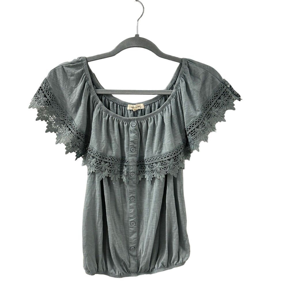 Paper + Tee Ruffle Shirt Lace Womens M Top Dusty Blue Elastic Cottage Core